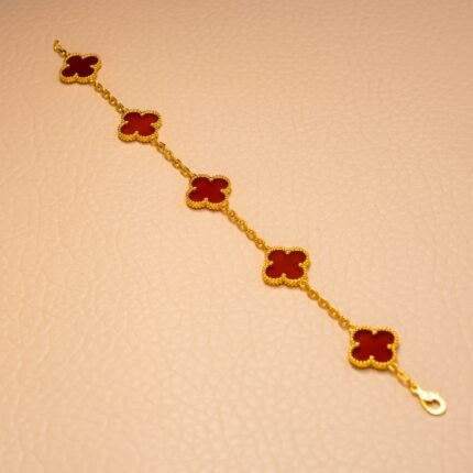 VCA Carnelian Five-flower Four-leaf Clover Bracelet Golden Yellow Gold