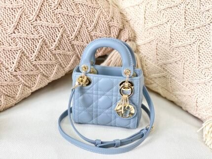 Super Mini LadyDior Handbag Lambskin Detail Color: Sky Blue