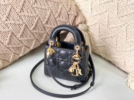 Super Mini LadyDior Handbag Lambskin Detail Color: Black