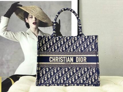 Dior BookTote Handbag Canvas Embroidery Details Color: Blue
