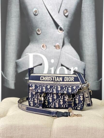 Small Dior Cam Bag Canvas Embroidery Detail Color: Blue