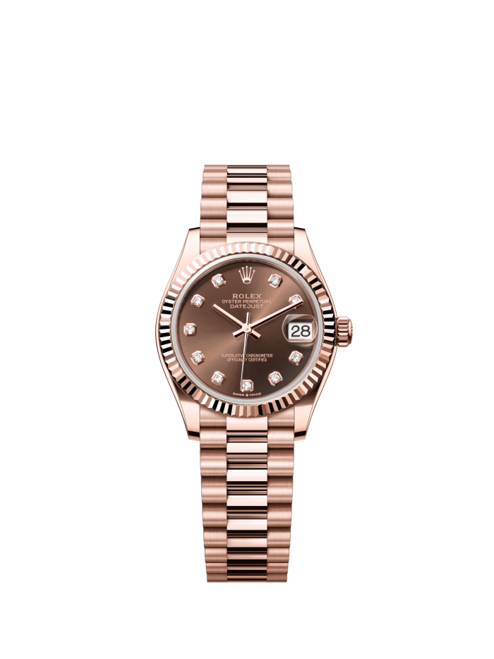 The Oyster Perpetual Datejust 31 in 18 ct Everose gold with a chocolate-coloured diamond-set dial and a President bracelet. -m278275-0010