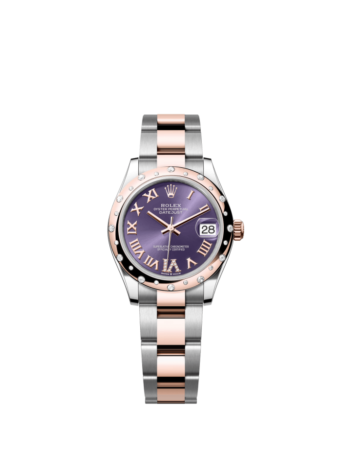 The Oyster Perpetual Datejust 31 is available in Everose gold and Oystersteel. with a diamond-set eggplant purple dial and an Oyster bracelet. -m278341rbr-0019