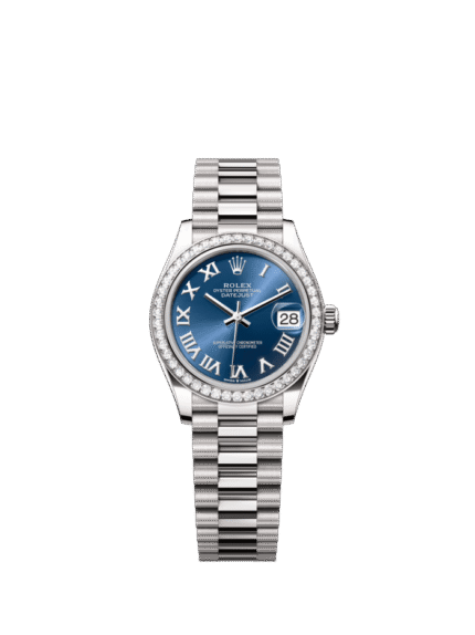 The Oyster Perpetual Datejust 31 is available in 18 ct white gold with a bright blue dial and a President bracelet. -m278289rbr-0023