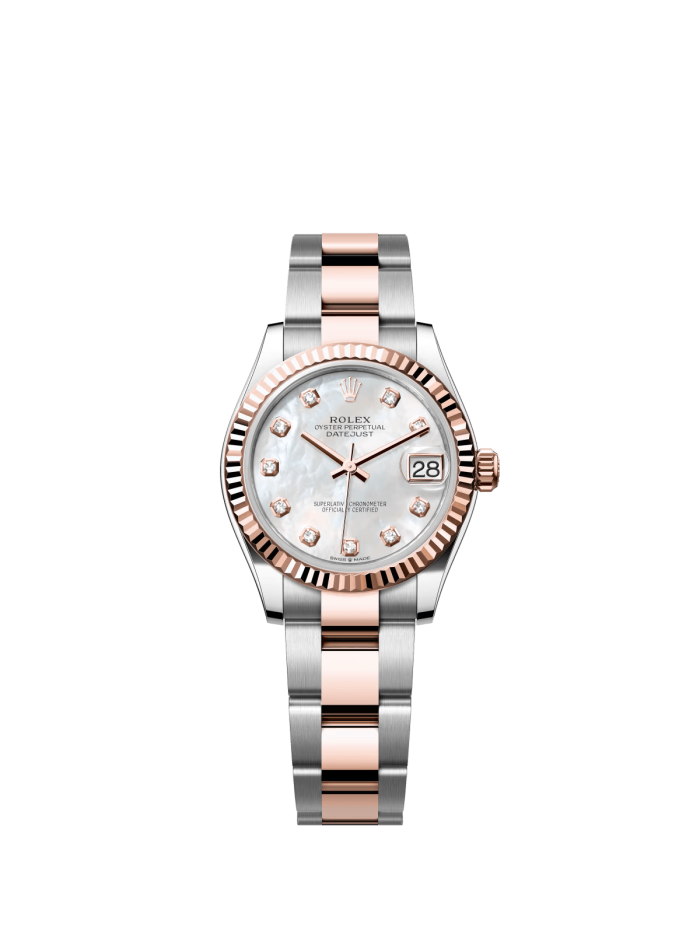 The Oyster Perpetual Datejust 31 is available in Everose gold and Oystersteel. with a diamond-set white mother-of-pearl dial and an Oyster bracelet. -m278271-0025