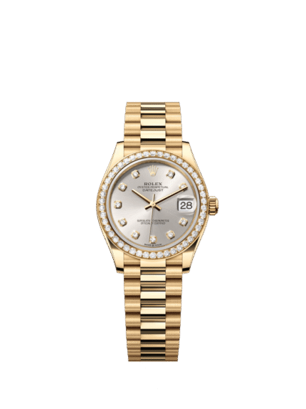 The Oyster Perpetual Datejust 31 in 18 ct yellow gold with a diamond-set silver dial and a President bracelet. -m278288rbr-0028