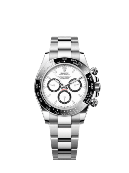 The Oyster Perpetual Cosmograph Daytona is made of Oyster steel with a white dial and contrasting counters. The watch is fitted with an Oyster bracelet and a black Cerachrom bezel with tachymeter. -m126500ln-0001 40mm
