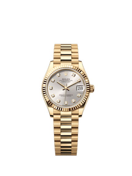 The Oyster Perpetual Datejust 31 in 18 ct yellow gold with a diamond-set silver dial and a President bracelet. -m278278-0034