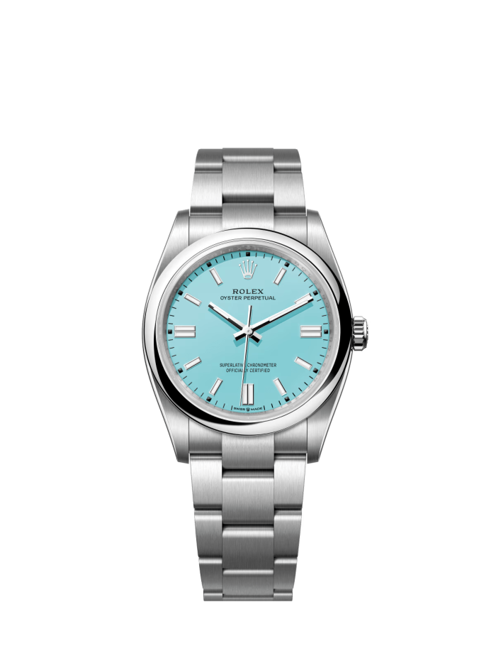 The Oyster Perpetual 36 is fitted with a turquoise blue dial and an Oyster bracelet. -m126000-0006