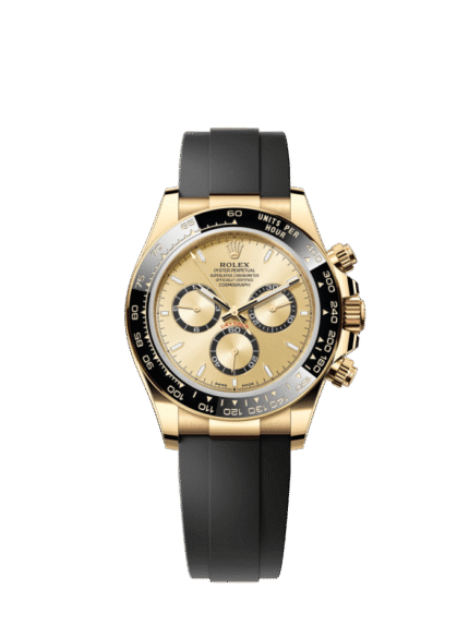 The Oyster Perpetual Cosmograph Daytona is available in 18 ct yellow gold with a gold-toned dial and contrasting chronograph counters. The watch is fitted with an Oysterflex strap with a tachymeter on a black Cerachrom bezel. -m126518ln-0010 40mm