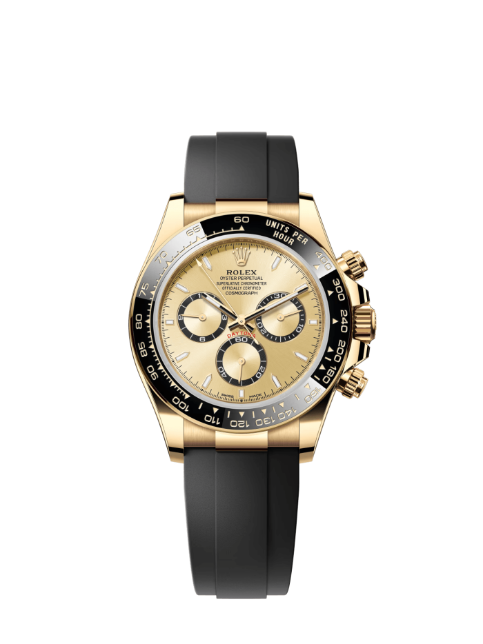 The Oyster Perpetual Cosmograph Daytona is available in 18 ct yellow gold with a gold-toned dial and contrasting chronograph counters. The watch is fitted with an Oysterflex strap with a tachymeter on a black Cerachrom bezel. -m126518ln-0010 40mm