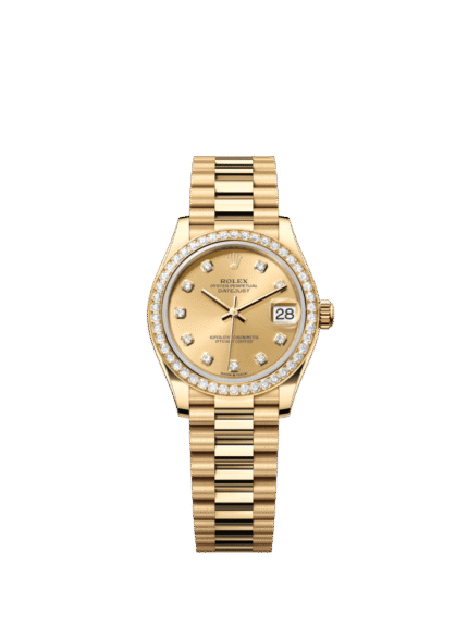 The Oyster Perpetual Datejust 31 in 18 ct yellow gold with a champagne-coloured diamond-set dial and a President bracelet. -m278288rbr-0005