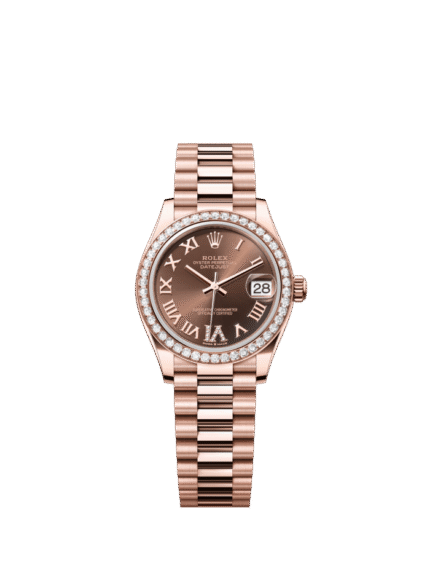 The Oyster Perpetual Datejust 31 in 18 ct Everose gold with a chocolate-coloured diamond-set dial and a President bracelet. -m278285rbr-0016