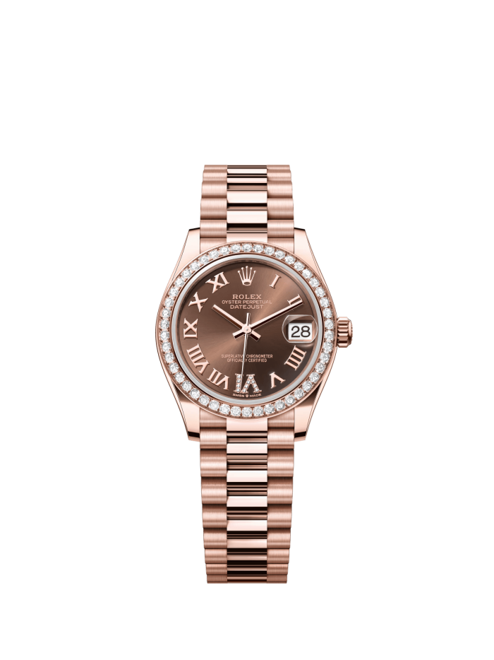 The Oyster Perpetual Datejust 31 in 18 ct Everose gold with a chocolate-coloured diamond-set dial and a President bracelet. -m278285rbr-0016