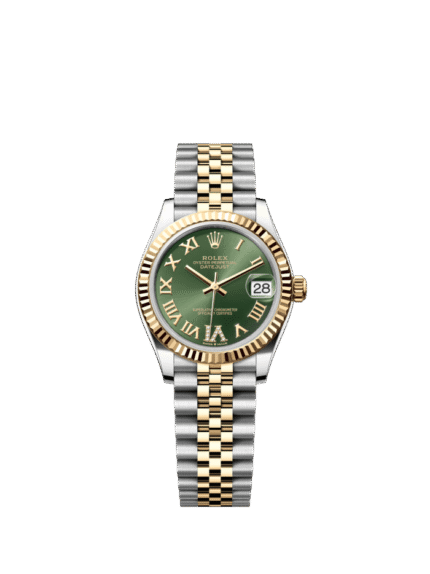 The Oyster Perpetual Datejust 31 in yellow gold and Oystersteel with a diamond-set olive green dial and a Jubilee bracelet. -m278273-0016