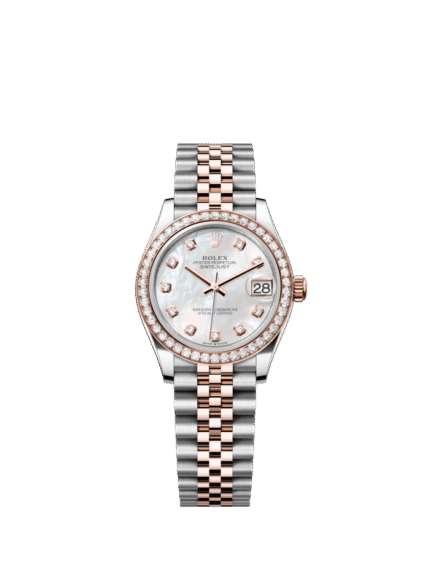 The Oyster Perpetual Datejust 31 in Everose gold and Oystersteel features a diamond-set white mother-of-pearl dial and a Jubilee bracelet. -m278381rbr-0026