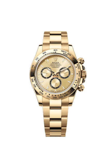 The Oyster Perpetual Cosmograph Daytona is available in 18 ct yellow gold with a gold-toned dial and contrasting chronograph counters. The watch is fitted with an Oyster bracelet and an 18-carat yellow gold bezel engraved with a tachymeter. -m126508-0005