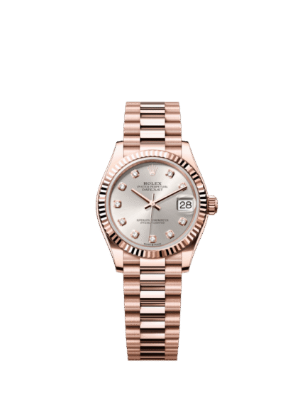 The Oyster Perpetual Datejust 31 in 18 ct Everose gold with a silver-toned diamond-set dial and a President bracelet. -m278275-0039