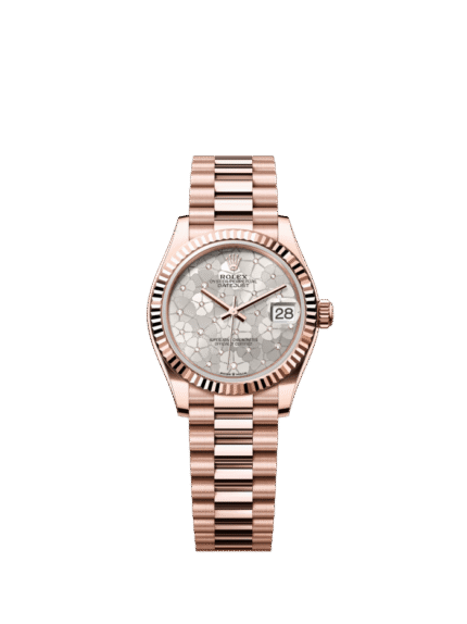The Oyster Perpetual Datejust 31 in 18-carat Everose gold features a diamond-set silvered floral dial and a President bracelet. -m278275-0045