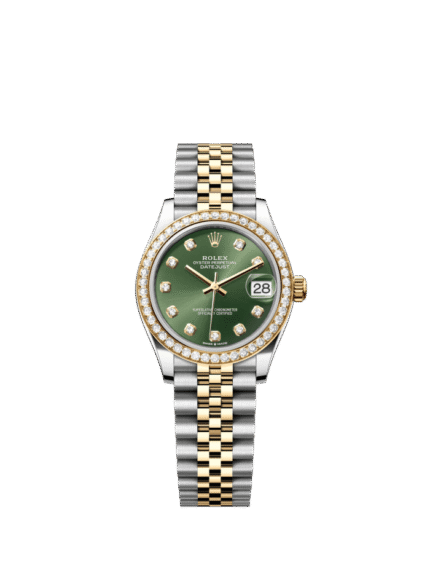 The Oyster Perpetual Datejust 31 in yellow gold and Oystersteel with a diamond-set olive green dial and a Jubilee bracelet. -m278383rbr-0030