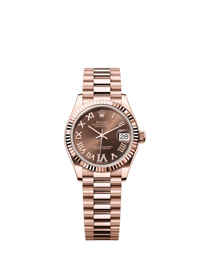The Oyster Perpetual Datejust 31 in 18 ct Everose gold with a chocolate-coloured diamond-set dial and a President bracelet. -m278275-0025
