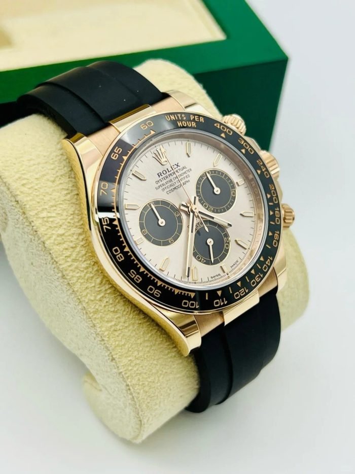 The Oyster Perpetual Cosmograph Daytona in 18 ct Everose gold features a sunrise gold and gloss black dial and an Oysterflex strap with a black Cerachrom bezel with tachymeter. -m126515ln-0006 40mm - Image 6