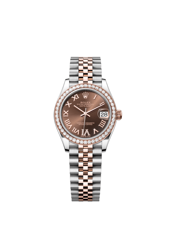 The Oyster Perpetual Datejust 31 is available in Everose gold and Oystersteel with a chocolate-coloured diamond-set dial and a Jubilee bracelet. -m278381rbr-0006