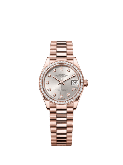 The Oyster Perpetual Datejust 31 in 18 ct Everose gold with a silver-toned diamond-set dial and a President bracelet. -m278285rbr-0030