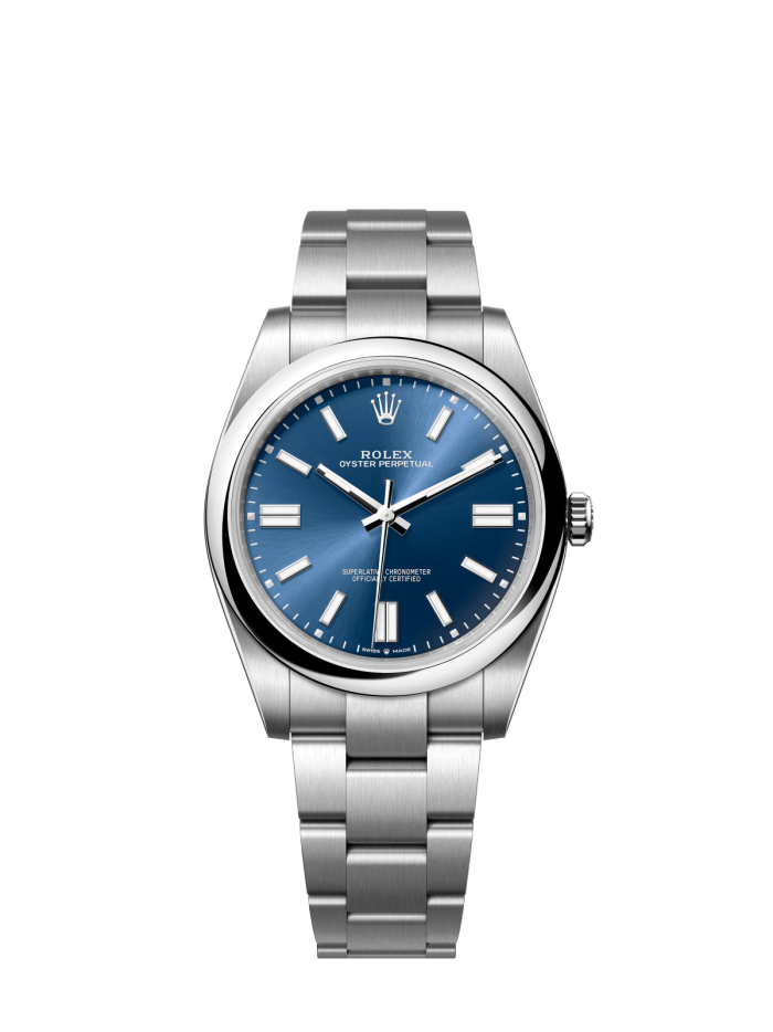 The Oyster Perpetual 41 is presented with a bright blue dial and an Oyster bracelet. -m124300-0003
