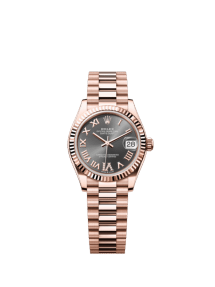 The Oyster Perpetual Datejust 31 in 18 ct Everose gold with a grey diamond-set dial and a President bracelet. -m278275-0033