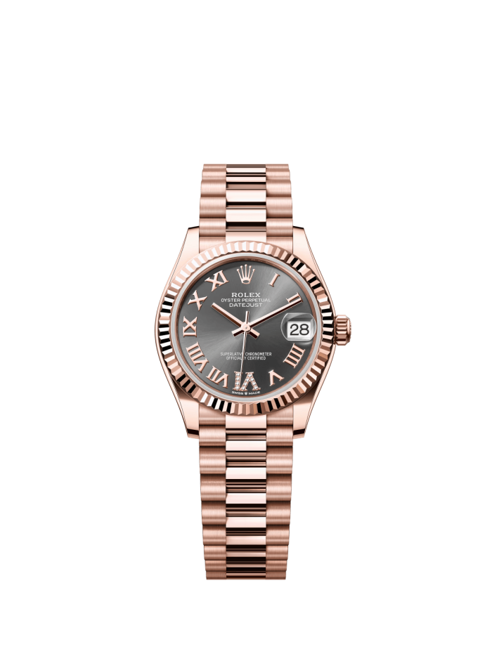 The Oyster Perpetual Datejust 31 in 18 ct Everose gold with a grey diamond-set dial and a President bracelet. -m278275-0033