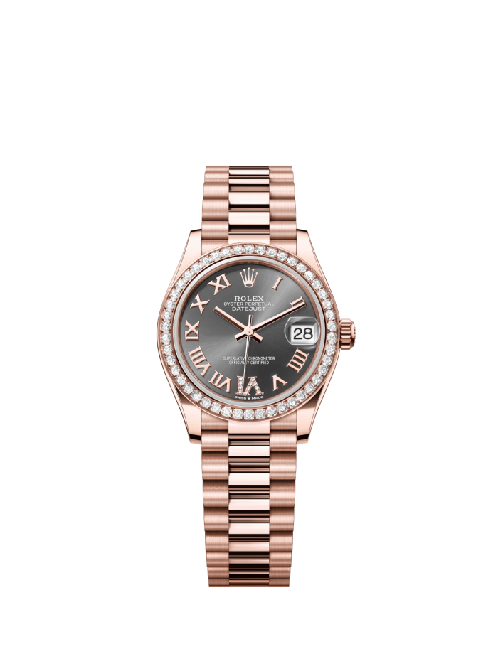 The Oyster Perpetual Datejust 31 in 18 ct Everose gold with a grey diamond-set dial and a President bracelet. -m278285rbr-0027
