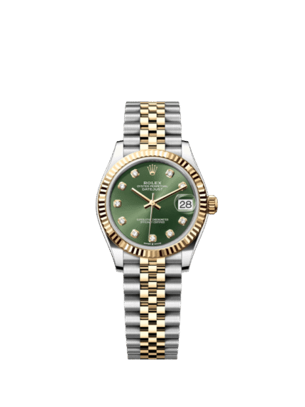 The Oyster Perpetual Datejust 31 in yellow gold and Oystersteel with a diamond-set olive green dial and a Jubilee bracelet. -m278273-0030