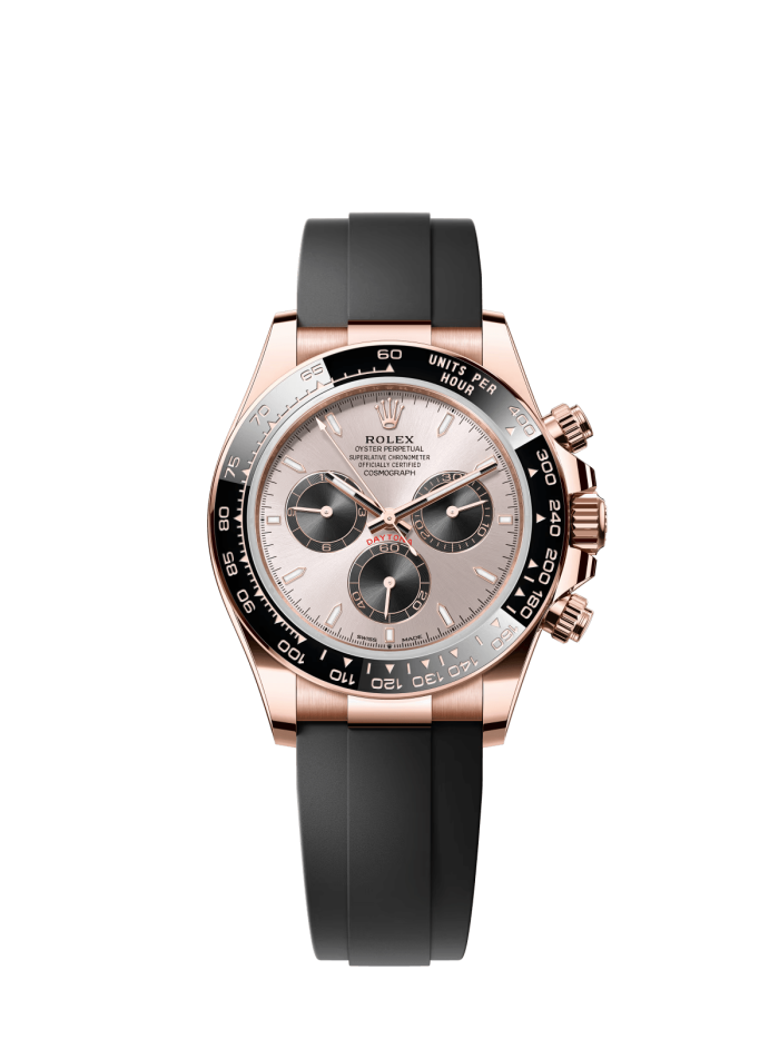 The Oyster Perpetual Cosmograph Daytona in 18 ct Everose gold features a sunrise gold and gloss black dial and an Oysterflex strap with a black Cerachrom bezel with tachymeter. -m126515ln-0006 40mm