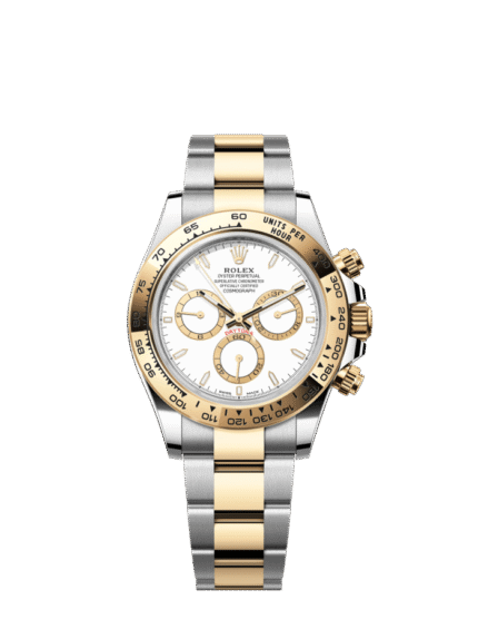 The Oyster Perpetual Cosmograph Daytona is available in yellow gold and Oystersteel with a white dial and contrasting counters. The watch is fitted with an Oyster bracelet with a tachymeter engraved on a yellow gold bezel. -m126503-0001 40mm