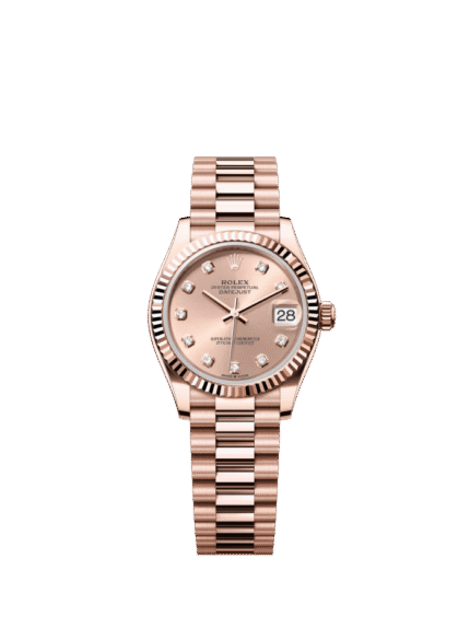 The Oyster Perpetual Datejust 31 in 18 ct Everose gold with a rose gold-tone diamond-set dial and a President bracelet. -m278275-0031