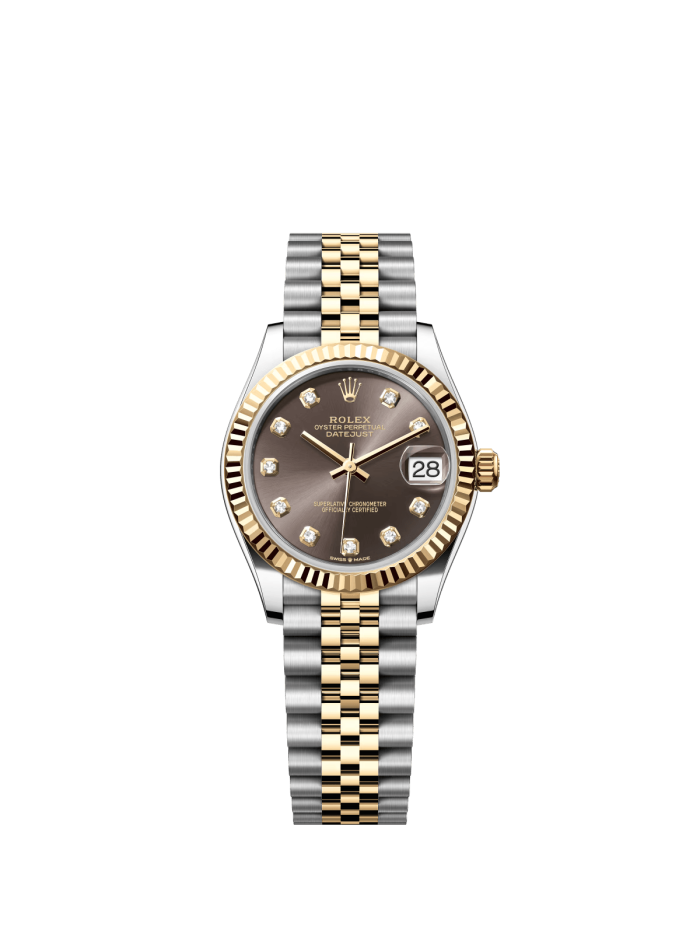 The Oyster Perpetual Datejust 31 in yellow gold and Oystersteel with a diamond-set dark grey dial and a Jubilee bracelet. -m278273-0022