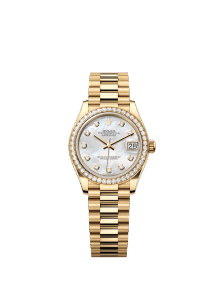 The Oyster Perpetual Datejust 31 in 18 ct yellow gold with a diamond-set white mother-of-pearl dial and a President bracelet. -m278288rbr-0006