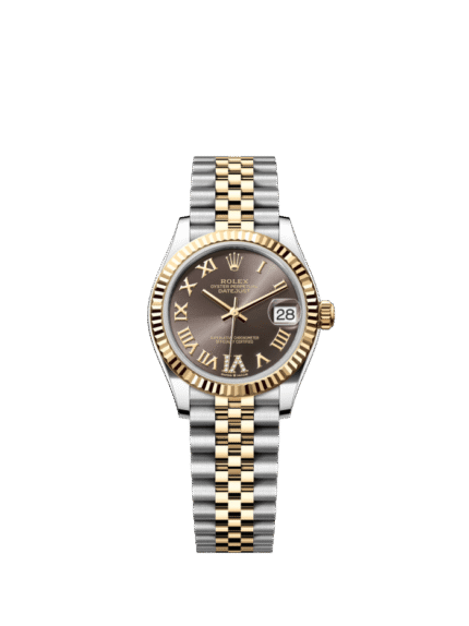 The Oyster Perpetual Datejust 31 in yellow gold and Oystersteel with a diamond-set dark grey dial and a Jubilee bracelet. -m278273-0018
