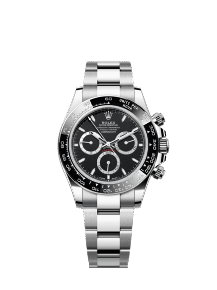 The Oyster Perpetual Cosmograph Daytona is made in Oyster steel with a black dial and contrasting counters. The watch is fitted with an Oyster bracelet and a black Cerachrom bezel with tachymeter. -m126500ln-0002 40mm