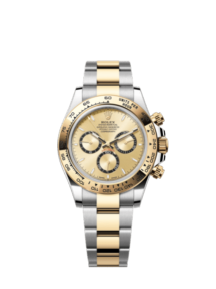 The Oyster Perpetual Cosmograph Daytona is available in yellow gold and Oystersteel with a gold dial and contrasting counters. The watch is fitted with an Oyster bracelet with a tachymeter engraved on a yellow gold bezel. -m126503-0004 40mm