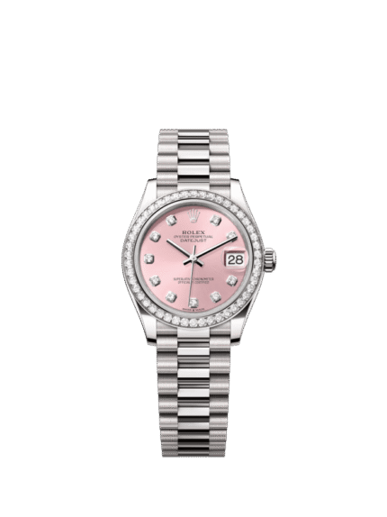 The Oyster Perpetual Datejust 31 in 18K white gold with a diamond-set pink dial and a President bracelet. -m278289rbr-0022