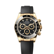 The Oyster Perpetual Cosmograph Daytona is available in 18 ct yellow gold with a black dial and contrasting counters. The watch is fitted with an Oysterflex strap with a tachymeter on a black Cerachrom bezel. -m126518ln-0008 40mm - Image 14