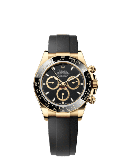 The Oyster Perpetual Cosmograph Daytona is available in 18 ct yellow gold with a black dial and contrasting counters. The watch is fitted with an Oysterflex strap with a tachymeter on a black Cerachrom bezel. -m126518ln-0008 40mm