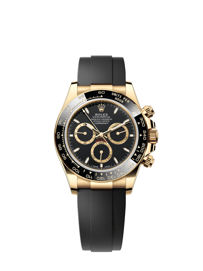 The Oyster Perpetual Cosmograph Daytona is available in 18 ct yellow gold with a black dial and contrasting counters. The watch is fitted with an Oysterflex strap with a tachymeter on a black Cerachrom bezel. -m126518ln-0008 40mm