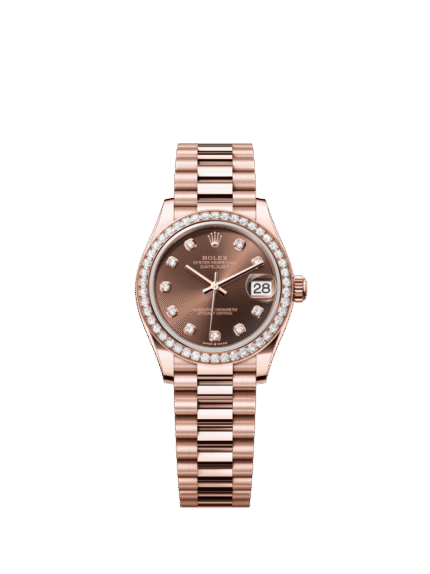 The Oyster Perpetual Datejust 31 in 18 ct Everose gold with a chocolate-coloured diamond-set dial and a President bracelet. -m278285rbr-0006