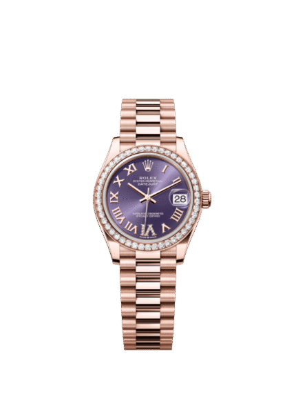 The Oyster Perpetual Datejust 31 in 18 ct Everose gold with a diamond-set eggplant purple dial and a President bracelet. -m278285rbr-0023