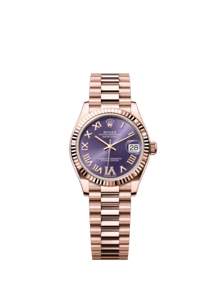 The Oyster Perpetual Datejust 31 in 18 ct Everose gold with a diamond-set eggplant purple dial and a President bracelet. -m278275-0029