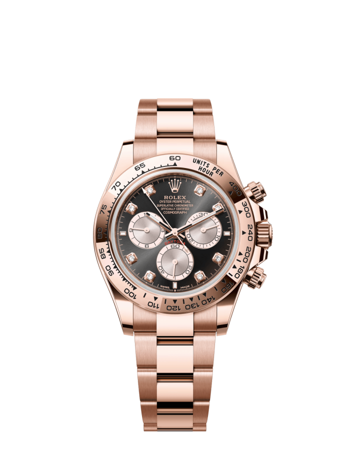 The Oyster Perpetual Cosmograph Daytona in 18 ct Everose gold features a diamond-set gloss black and sunrise gold dial and an Oyster bracelet with an engraved tachymeter on an 18-carat Everose gold bezel. -m126505-0002 40mm