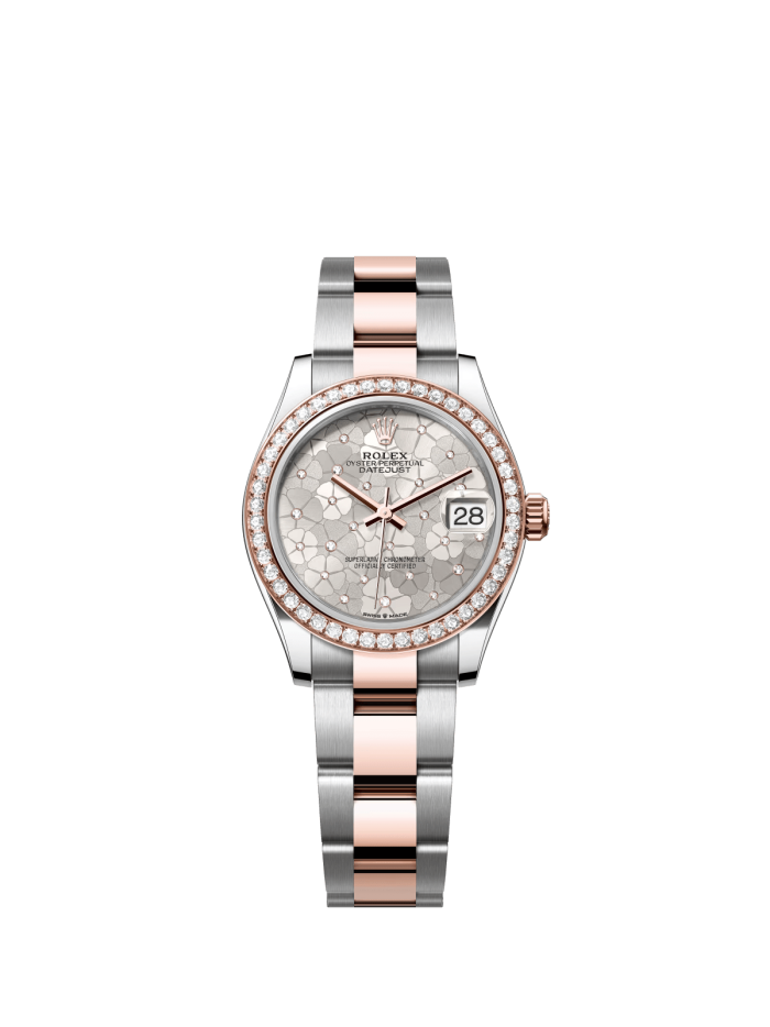 The Oyster Perpetual Datejust 31 is available in Everose gold and Oystersteel with a diamond-set silver-toned floral dial and an Oyster bracelet. -m278381rbr-0031